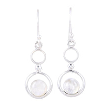 Load image into Gallery viewer, Rainbow Moonstone and Sterling Silver Circle Dangle Earrings - Dancing Moon | NOVICA