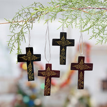 Load image into Gallery viewer, Mahogany Wood Hand Painted Cross Ornaments (Set of 4) - Jubilant Cross | NOVICA