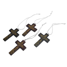 Load image into Gallery viewer, Mahogany Wood Hand Painted Cross Ornaments (Set of 4) - Jubilant Cross | NOVICA