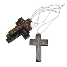Load image into Gallery viewer, Mahogany Wood Hand Painted Cross Ornaments (Set of 4) - Jubilant Cross | NOVICA