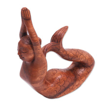 Load image into Gallery viewer, Suar Wood Sculpture of a Mermaid in a Yoga Pose from Bali - To the Sky Mermaid | NOVICA