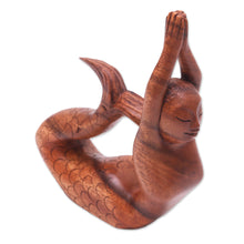 Load image into Gallery viewer, Suar Wood Sculpture of a Mermaid in a Yoga Pose from Bali - To the Sky Mermaid | NOVICA