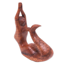 Load image into Gallery viewer, Suar Wood Sculpture of a Mermaid in a Yoga Pose from Bali - To the Sky Mermaid | NOVICA