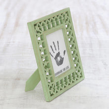 Load image into Gallery viewer, Avocado Green Hand-Carved Mango Wood Photo Frame (5x7) - Mughal Memory Keeper | NOVICA