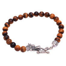 Load image into Gallery viewer, Men's Dragon-Themed Tiger's Eye Beaded Bracelet from Bali - Dragon Pride in Brown | NOVICA