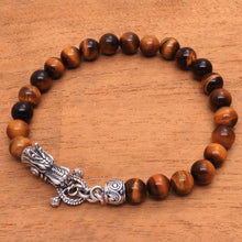 Load image into Gallery viewer, Men's Dragon-Themed Tiger's Eye Beaded Bracelet from Bali - Dragon Pride in Brown | NOVICA