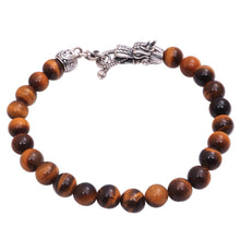 Load image into Gallery viewer, Men's Dragon-Themed Tiger's Eye Beaded Bracelet from Bali - Dragon Pride in Brown | NOVICA