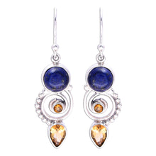 Load image into Gallery viewer, Citrine and Lapis Lazuli Spiral Earrings from India - Majestic Spirals | NOVICA