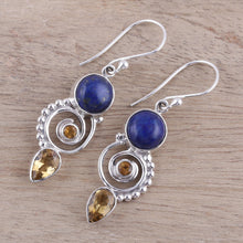 Load image into Gallery viewer, Citrine and Lapis Lazuli Spiral Earrings from India - Majestic Spirals | NOVICA