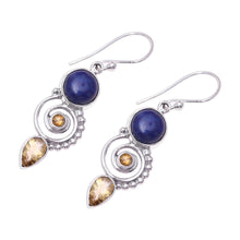 Load image into Gallery viewer, Citrine and Lapis Lazuli Spiral Earrings from India - Majestic Spirals | NOVICA