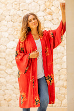 Load image into Gallery viewer, Crimson Rayon Robe with Black Floral Motifs from Bali - Crimson Floral | NOVICA