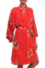 Load image into Gallery viewer, Crimson Rayon Robe with Black Floral Motifs from Bali - Crimson Floral | NOVICA