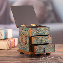Load image into Gallery viewer, Floral Reverse Painted Glass Jewelry Box in Blue from Peru - Aqua Mandala | NOVICA