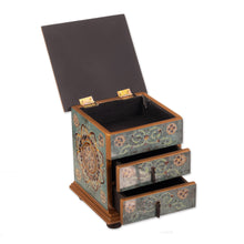 Load image into Gallery viewer, Floral Reverse Painted Glass Jewelry Box in Blue from Peru - Aqua Mandala | NOVICA