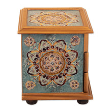 Load image into Gallery viewer, Floral Reverse Painted Glass Jewelry Box in Blue from Peru - Aqua Mandala | NOVICA