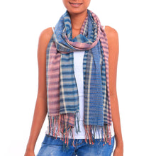 Load image into Gallery viewer, Mauve and Blue Handwoven Lightweight Cotton Plaid Shawl - Surf at Sunset | NOVICA