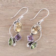 Load image into Gallery viewer, Citrine Amethyst Peridot and Sterling Silver Dangle Earrings - Sun with Violets | NOVICA