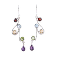 Load image into Gallery viewer, Multi-Gemstone and Scrolling Sterling Silver Dangle Earrings - Dancing Rainbow | NOVICA