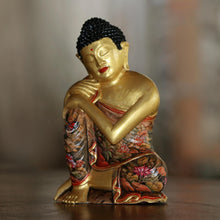 Load image into Gallery viewer, Gold-Tone Floral Wood Buddha Sculpture from Bali - Buddha Garden | NOVICA