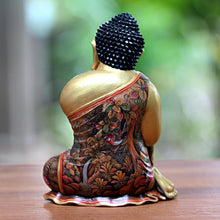 Load image into Gallery viewer, Gold-Tone Floral Wood Buddha Sculpture from Bali - Buddha Garden | NOVICA