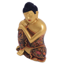 Load image into Gallery viewer, Gold-Tone Floral Wood Buddha Sculpture from Bali - Buddha Garden | NOVICA