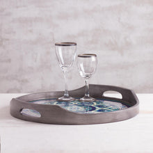 Load image into Gallery viewer, Steel-Tone Reverse-Painted Glass Tray from Peru - Floral Intricacy in Steel | NOVICA
