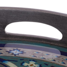 Load image into Gallery viewer, Steel-Tone Reverse-Painted Glass Tray from Peru - Floral Intricacy in Steel | NOVICA