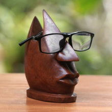 Load image into Gallery viewer, Wood Eyeglasses Stand in Light Brown from Bali - Prominent Nose in Light Brown | NOVICA