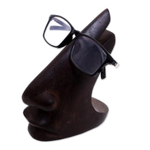 Load image into Gallery viewer, Wood Eyeglasses Stand in Dark Brown from Bali - Prominent Nose in Dark Brown | NOVICA