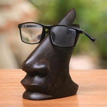 Load image into Gallery viewer, Wood Eyeglasses Stand in Dark Brown from Bali - Prominent Nose in Dark Brown | NOVICA