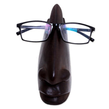 Load image into Gallery viewer, Wood Eyeglasses Stand in Dark Brown from Bali - Prominent Nose in Dark Brown | NOVICA