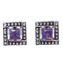 Load image into Gallery viewer, Square Purple Composite Turquoise Stud Earrings from India - Beautiful Windows in Purple | NOVICA