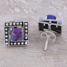 Load image into Gallery viewer, Square Purple Composite Turquoise Stud Earrings from India - Beautiful Windows in Purple | NOVICA