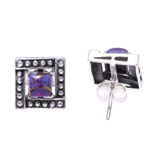 Load image into Gallery viewer, Square Purple Composite Turquoise Stud Earrings from India - Beautiful Windows in Purple | NOVICA