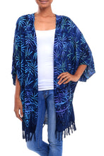 Load image into Gallery viewer, Leaf Motif Batik Rayon Kimono Jacket in Blue from Bali - Denpasar Lady in Blue | NOVICA