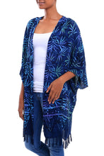 Load image into Gallery viewer, Leaf Motif Batik Rayon Kimono Jacket in Blue from Bali - Denpasar Lady in Blue | NOVICA