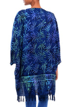 Load image into Gallery viewer, Leaf Motif Batik Rayon Kimono Jacket in Blue from Bali - Denpasar Lady in Blue | NOVICA