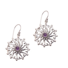 Load image into Gallery viewer, Sun Motif Amethyst Dangle Earrings from Bali - Regal Rays | NOVICA