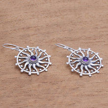 Load image into Gallery viewer, Sun Motif Amethyst Dangle Earrings from Bali - Regal Rays | NOVICA