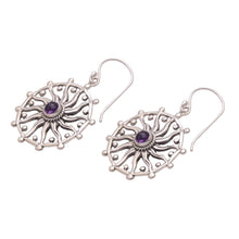 Load image into Gallery viewer, Sun Motif Amethyst Dangle Earrings from Bali - Regal Rays | NOVICA