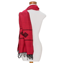 Load image into Gallery viewer, Red Cotton Blend Scarf with Black Stepped-Fret Rhombus Motif - Fret Chic in Red | NOVICA