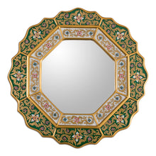 Load image into Gallery viewer, Green Floral Fair Trade Reverse Painted Glass Wall Mirror - Green Star | NOVICA