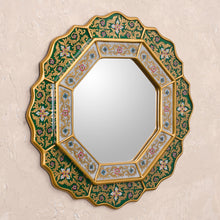 Load image into Gallery viewer, Green Floral Fair Trade Reverse Painted Glass Wall Mirror - Green Star | NOVICA