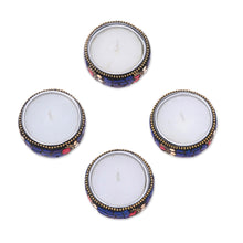 Load image into Gallery viewer, Set of Four Resin Coated Tea Lights with Brass Beads - Shimmering Stars | NOVICA