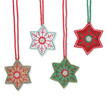 Load image into Gallery viewer, Embroidered Wool Snowflake Ornaments from India (Set of 4) - Festive Snowflakes | NOVICA