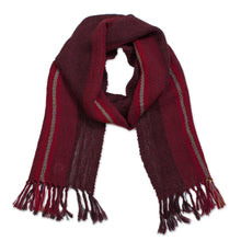 Load image into Gallery viewer, Handwoven 100% Alpaca Wrap Scarf in Crimson from Peru - Andean Zigzag in Crimson | NOVICA
