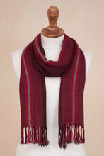 Load image into Gallery viewer, Handwoven 100% Alpaca Wrap Scarf in Crimson from Peru - Andean Zigzag in Crimson | NOVICA