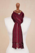 Load image into Gallery viewer, Handwoven 100% Alpaca Wrap Scarf in Crimson from Peru - Andean Zigzag in Crimson | NOVICA