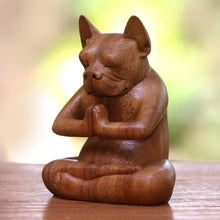 Load image into Gallery viewer, Yoga Meditation Brown Boston Terrier Handmade Wood Statuette - Yoga Boston Terrier in Brown | NOVICA