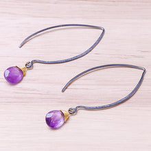 Load image into Gallery viewer, Gold Accent Amethyst Dangle Earrings from Thailand - Midnight Meadow | NOVICA